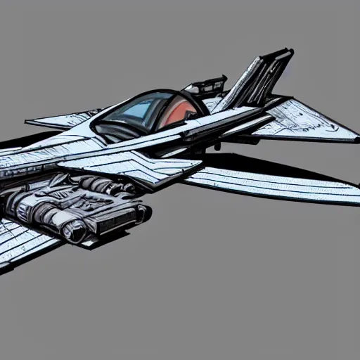 Prompt: a space fighter spaceship in the style of 8 0's, in the style of colin cantwell, hyper realistic, detailed