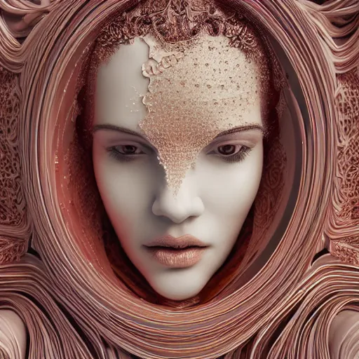Prompt: abstract highly detailed female sculpture portrait made of white marble and red crystals quartz, ethereal lights, fine details, artstation, film still, rim light, cinematic photoshooting, luxury, 8 k, intricate golden filigree fractal, octane render, hypperrealistic painting, abstract liquid acrylic art, painting by alex heywood, randy bishop, kidmograph