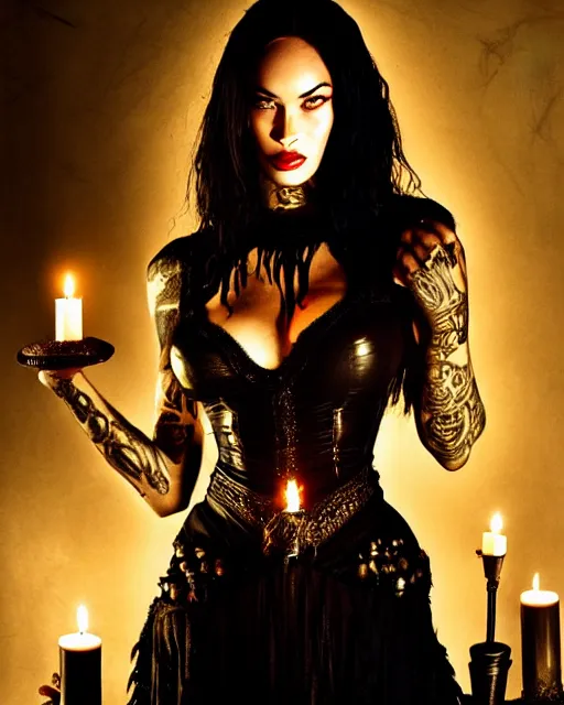 Image similar to megan fox witch queen, black eyes, blood, full body, intricate victorian dress, symmetrical eyes, rafael albuquerque, frank frazetta, moody lighting, candles