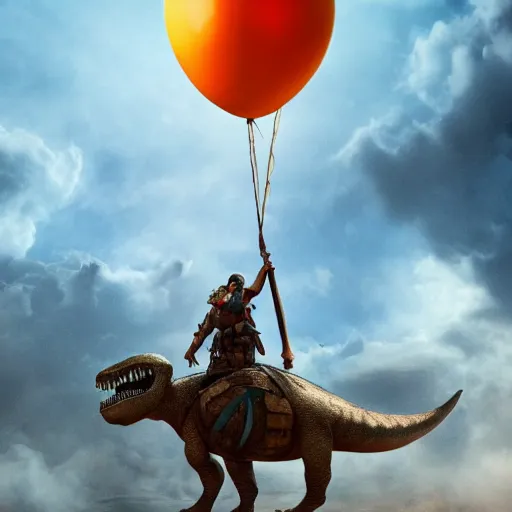 Prompt: warlike medieval warrior with balloon in hand riding a dinosaur on top of small flying island in clouds, concept art, artstation, realistic, Octane render, octane, intricate details, 4k, hd