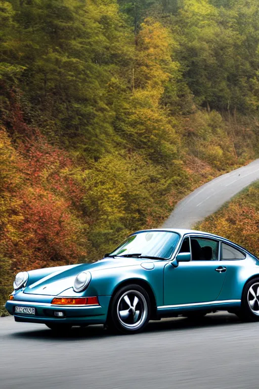 Image similar to Photo of a Porsche 911 Carrera 3.2 on a winding road through mountains and forests, volumetric lighting, highly detailed, technicolor.