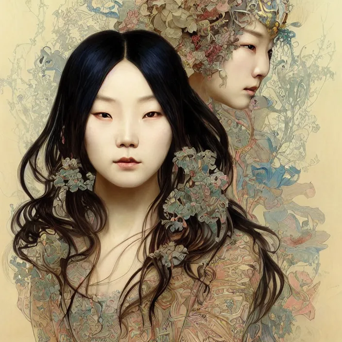 Image similar to A portrait of A Chinese woman with long hair by Ross Tran!!! and alphonse mucha and greg rutkowski! and gustav doré! and Zdzisław Beksiński!,In style of digital art illustration.Symmetry.Highly detailed face.Fantasy,smooth,hyper detailed,sharp focus,Soft light.trending on artstation.4k