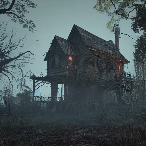 Image similar to a creepy scene of a swampy area with a house in the background, a screenshot by senior environment artist, polycount, gothic art, cryengine, playstation 5 screenshot, unreal engine 5