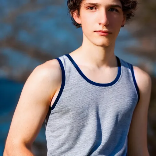 Image similar to Portrait of a 21 yo boy with natural brown hair, smooth pale skin. Net fischer net tank top. Detailed face. Blue sky.