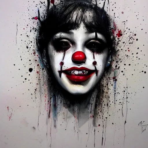 Image similar to Portrait of a young female Clown that has an expression of joy with black tears on his face by Guy Denning by Artgerm