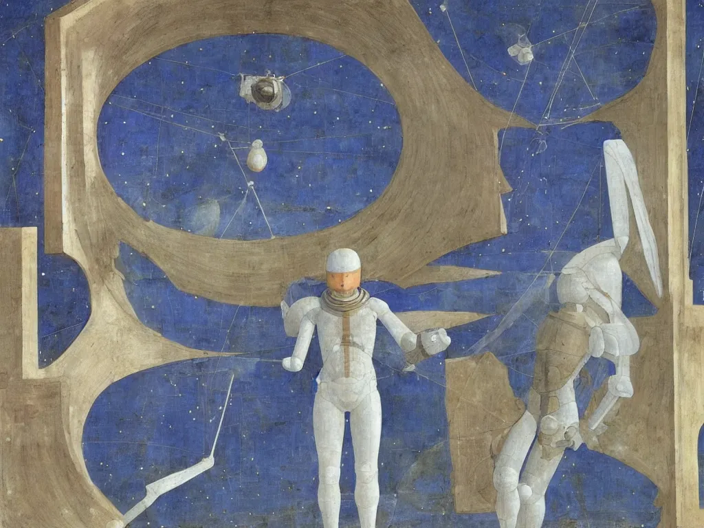 Image similar to giant white beekeeper suit mech piloted from the forehead by devil. lapis - lazuli. painting by piero della francesca, bosch, moebius