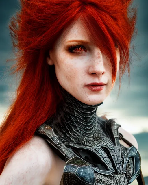 Prompt: 5 5 mm portrait photo of an armored redhead woman with a lizard sitting on her shoulder by luis royo. highly detailed 8 k. intricate. lifelike. soft light. nikon d 8 5 0. cinematic post - processing