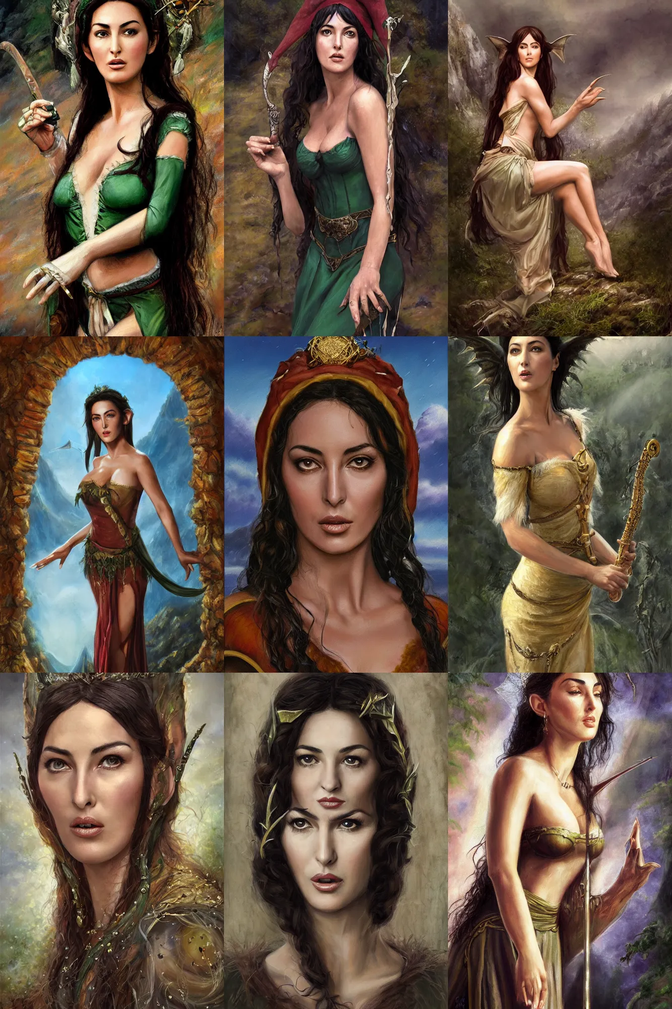 Prompt: a full body high detail fantasy portrait oil painting illustration of young monica bellucci as a beautiful sophisticated singing bard elf by justin sweet with face and body clearly visible, in a scenic background, pupils visible, realistic proportions, d & d, rpg, forgotten realms, artstation trending, high quality, sombre mood, artstation trending, muted colours, entire person visible!