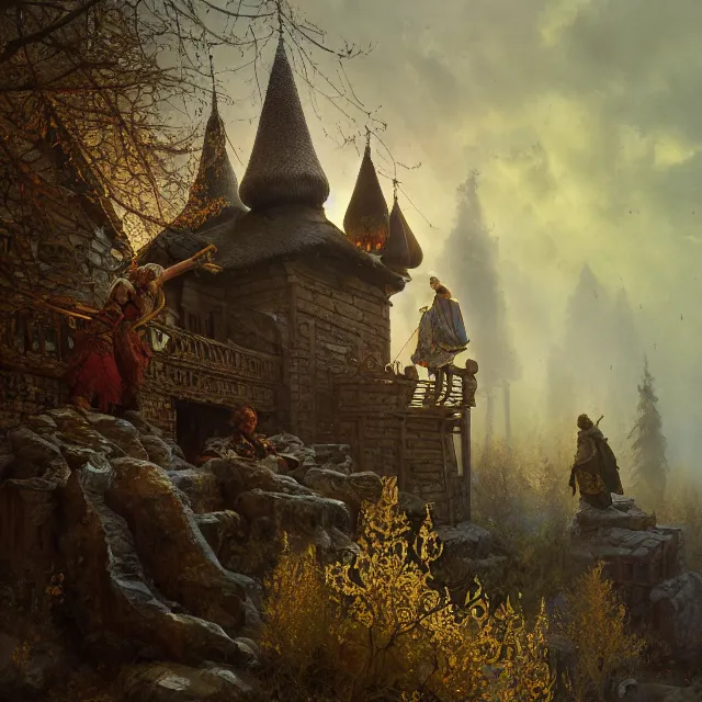 Image similar to russian folk fairytale, story, fable, dramatic, fantasy art, matte painting, an ultrafine detailed painting, academic art, ornate, inticate, elegant, sharp focus, artstation, by pavel korin, viktor vasnetsov, greg rutkowski