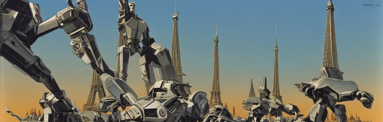 Image similar to ralph mcquarrie art from the 1969 movie MECHA-CONCORDE vs ROBO-EIFFEL the giant humanoid Eiffel Tower battles the swan-like superplane above the streets of paris-futur - starring ALAIN DELON and Simon Cowell- art direction by moebius hq production still technicolor