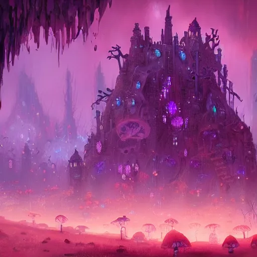 Prompt: concept art detailed painting of a dark purple fantasy fairytale fungal town made of mushrooms, with glowing blue lights, in the style of jordan grimmer and neil blevins and wayne barlowe