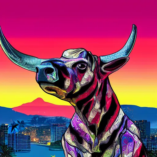 Prompt: bull headed human in the style of gta v artwork, digital art, tropical sunset