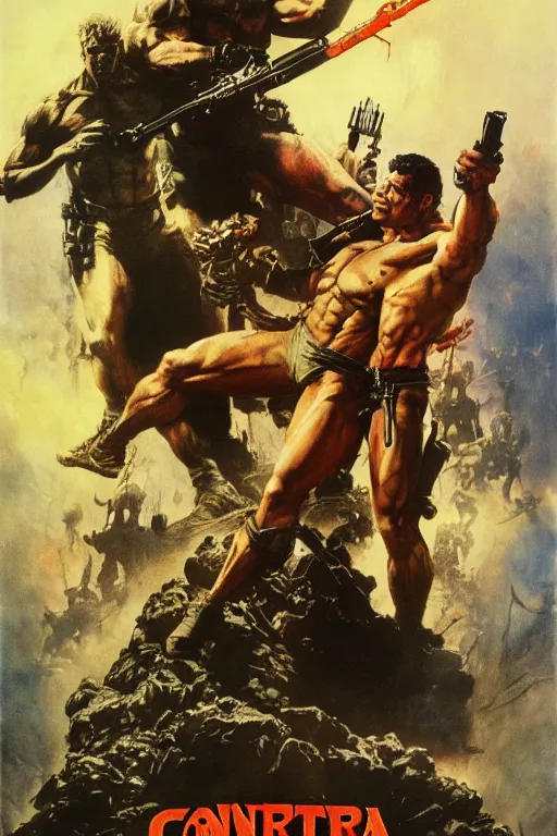 Prompt: Movie poster of Contra, Highly Detailed, Dramatic, A master piece of storytelling, by frank frazetta, ilya repin, 8k, hd, high resolution print