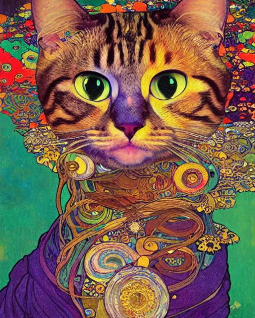 Image similar to hippie cat portrait an oil painting splashes with many colors and shapes by gustav klimt greg rutkowski and alphonse mucha, polycount, generative art, psychedelic, fractalism, glitch art