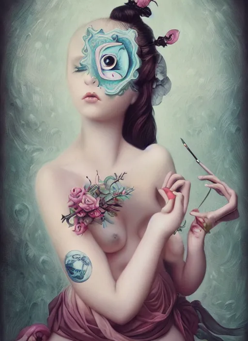 Prompt: pop surrealism, lowbrow art, realistic cute seductive female painting, japanese style, hyper realism, muted colours, rococo, kaname ozuma, natalie shau tom bagshaw, mark ryden, trevor brown style,