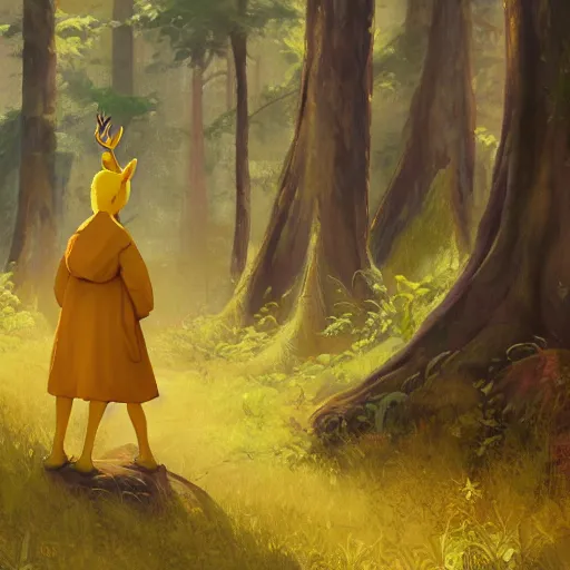 Prompt: concept art painting of an anthropomorphic grandma doe deer wearing yellow robes, in the deep forest, realistic, detailed, cel shaded, in the style of makoto shinkai and greg rutkowski and james gurney