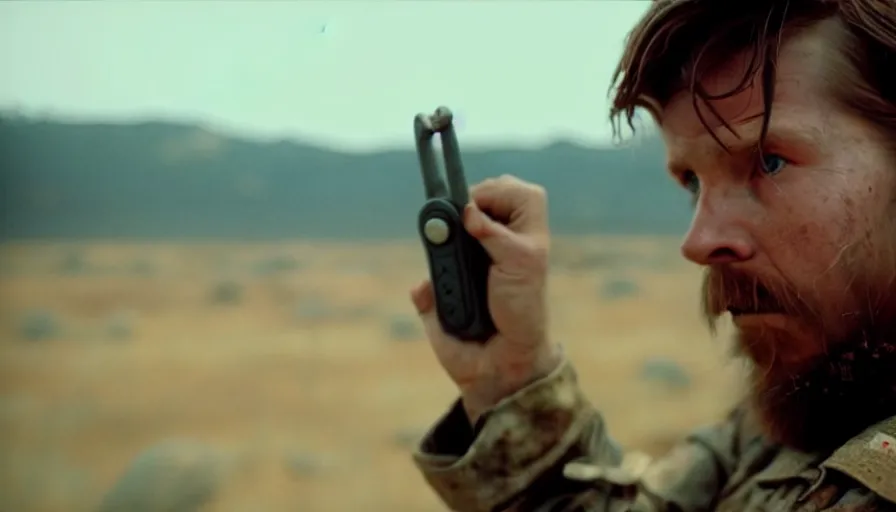 Image similar to lone survivor man holding a radio!! in post - apocalyptic nature landscape. movie screenshot. lush composition by wes anderson, shallow depth of field, cinematic. cinematic composition