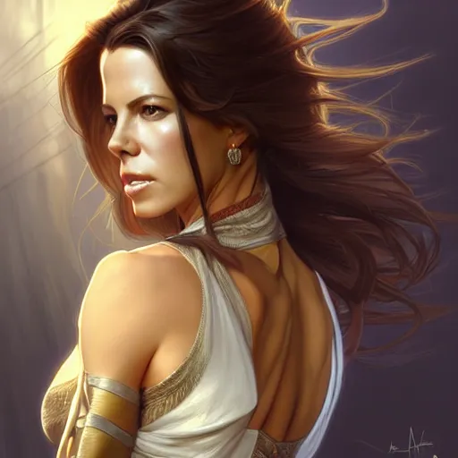 Image similar to a portrait of kate beckinsale as katana girl, upper half portrait, urban motifs, intricate, elegant, highly detailed, digital painting, trending on artstation, concept art, smooth sharp focus, illustration, art by artgerm and greg rutkowski alphonse mucha 8 k