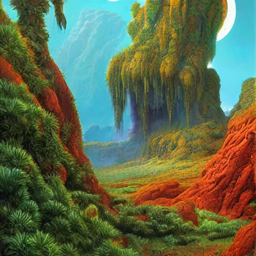 Image similar to digital painting of a lush natural scene on an alien planet by gerald brom. ultra sharp high quality digital render. detailed. beautiful landscape. colourful weird vegetation. cliffs and water.