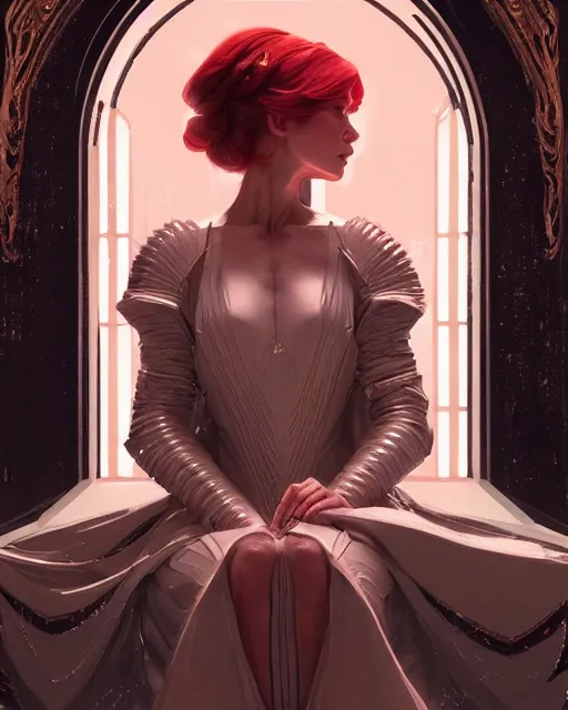 Prompt: masterpiece concept art, a beautiful highly detailed sci - fi renaissance lady sit on the throne in palace, confident pose, by ilya kuvshinov, magali villeneuve, artgerm, jeremy lipkin and michael garmash and rob rey, 8 k, intricate detail, cinematic lighting, red white and black colors