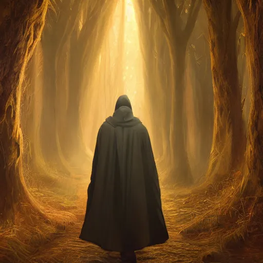 Prompt: a portrait of a man wearing a long dark cloak, hood and shadows covering face, oil painting, Volumetric Golden dappled dynamic lighting, Highly Detailed, Cinematic Lighting, Unreal Engine, 8k, HD