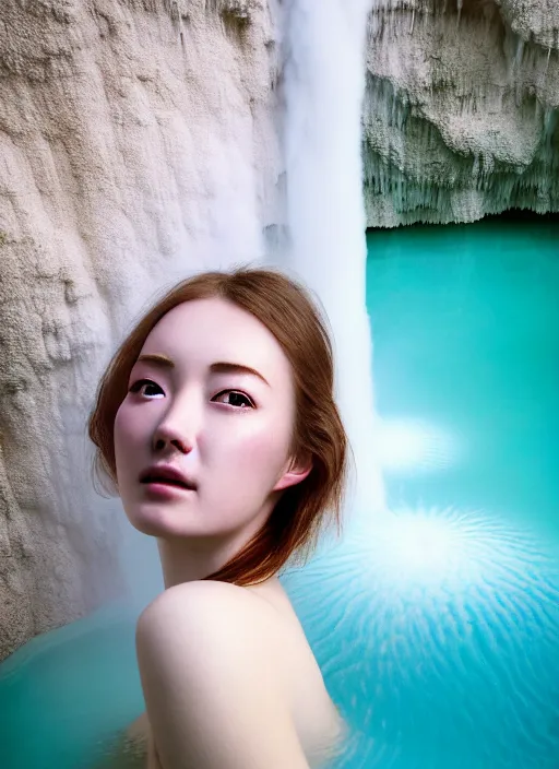 Image similar to Kodak Portra 400, 8K, soft light, volumetric lighting, highly detailed, portrait photo of Rena Nounen by WLOP, the face emerges from a Pamukkale, thermal waters flowing down white travertine terraces with lotus flowers, inspired by Ophelia paint , blue shirt and hair are intricate with highly detailed realistic beautiful flowers , Realistic, Refined, Highly Detailed, ethereal lighting colors scheme, outdoor fine art photography, Hyper realistic, photo realistic, masterpiece