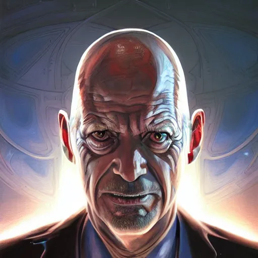 Prompt: marvel comic book style portrait painting of an old thin wispy man with a mean intelligent face, wearing a futuristic lab coat, standing in front of a computer simulation, sci - fi, intricate, elegant, highly detailed, digital painting, artstation, concept art, matte, sharp focus, illustration, art by artgerm and greg rutkowski and jim burns and alan lee