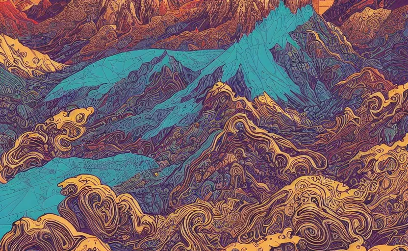 Image similar to mountains, stars and paisley filled sky, artstation, intricate, highly detailed, digital painting, concept art, sharp focus, illustration by Kilian Eng and James Jean