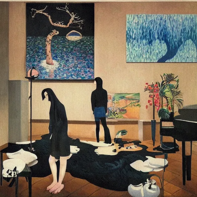 Image similar to tall female emo artists in their flooded apartment, painting of flood waters inside an artist's home, a river flooding indoors, pomegranates, pigs, ikebana, zen, water, octopus, river, rapids, waterfall, black swans, canoe, berries, acrylic on canvas, surrealist, by magritte and monet