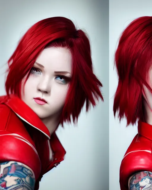 Prompt: a girl with short red hair, cool, vi from arcane, league of legends, fighter, cool red jacket, tattoo, beautiful, 3 d, potrait, art staion, studio light, closeup shot, octane render, wlop