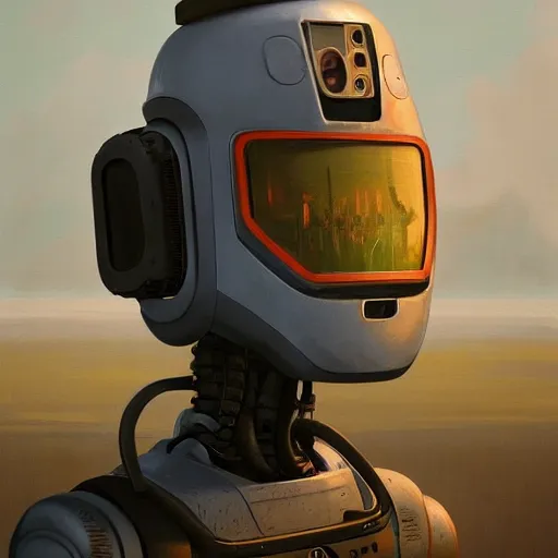 Image similar to viktor orban as a robot in a painting from stalenhag, 4 k, 8 k, hdr, artstation, concept art