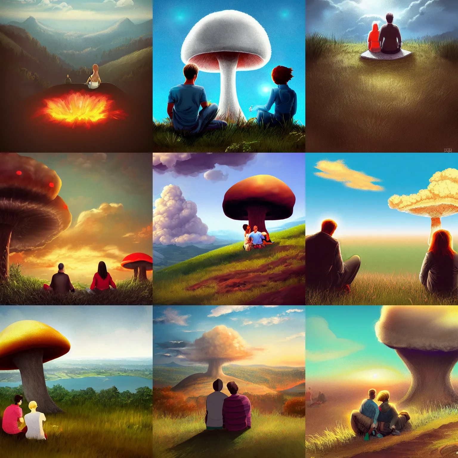 Prompt: a couple sitting on a hill watching a nuclear bomb mushroom cloud, artstation, digital art, highly detailed