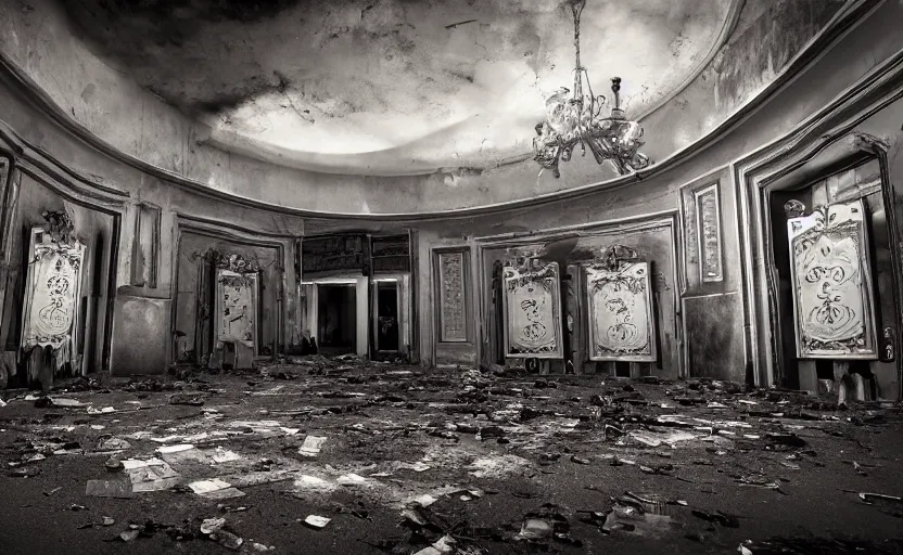 Prompt: a dark dramatic photo of an abandoned casino in new vegas by lori nix