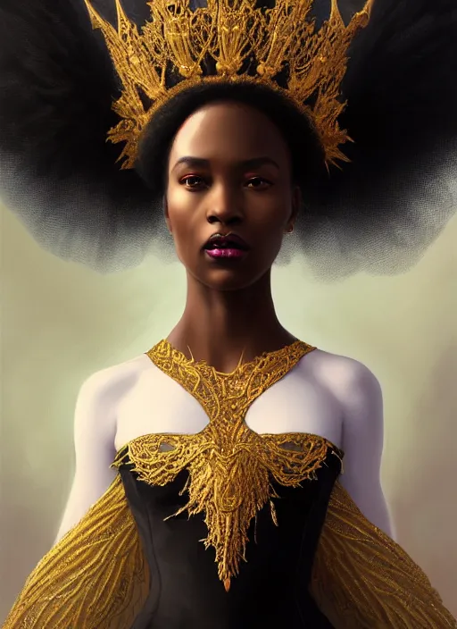 Image similar to full body portrait of beautiful black woman as the swan queen, glowing crown, beautiful flowy feathered gown, intricate white lilies, beautiful baroque lace detail, highly detailed, digital painting, artstation, concept art, smooth, sharp focus, illustration, art by wlop, mars ravelo and greg rutkowski