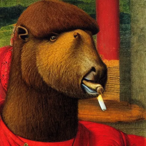 Image similar to gentleman capybara smoking, portrait, painting, vivid colours, Renaissance, detail, da vinci