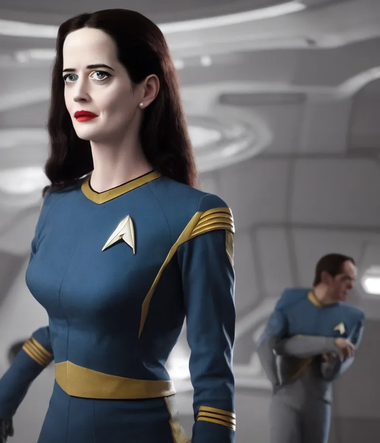 Image similar to a full body photograph of 3 0 year old eva green as a star fleet officer from star trek next generation, ultra rendered, extreme realism and detail, 8 k, highly detailed, realistic, completely framed, hyper realistic, colorful, direct lighting, 3 5 mm photo, photorealistic, sharp focus