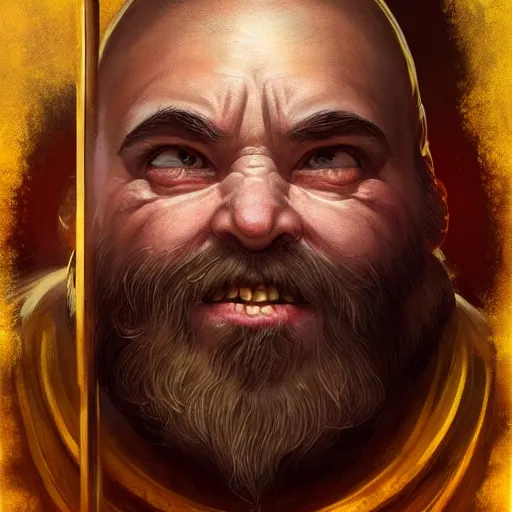 Image similar to symmetrical portrait of a happy dwarf showing off the giant gold nugget, realistic, beautiful, fantasy art, dnd, lord of the rings, style of charlie bowater, concept art, sharp focus, ray tracing