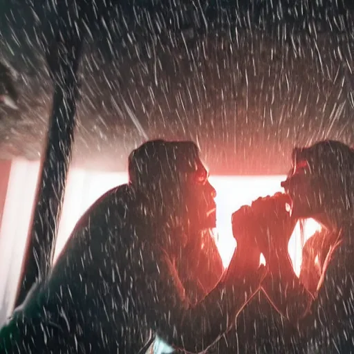 Image similar to Billie Eilish fighting Elon Musk, cinematic, 4k, dramatic lighting, realistic, raining, futuristic, busy, dynamic perspective