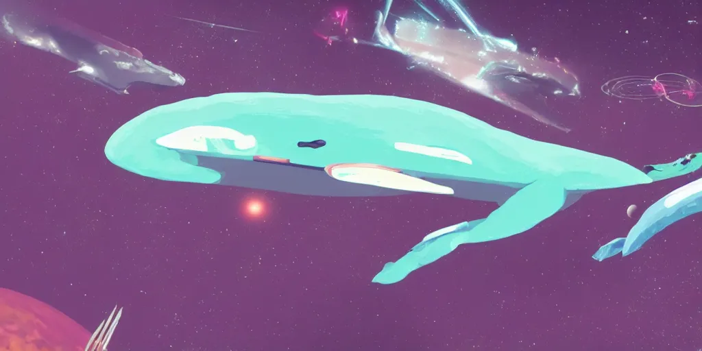 Prompt: no mans sky concept art of flying whale, space whale