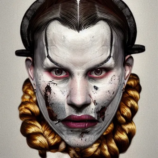 Image similar to portrait of a Shibari rope wrapped face and neck, headshot, insanely nice professional hair style, dramatic hair color, digital painting, of a old 17th century, old cyborg merchant, mouth wired shut, amber jewels, baroque, ornate clothing, scifi, realistic, hyperdetailed, chiaroscuro, concept art, art by Franz Hals and Jon Foster and Ayami Kojima and Amano and Karol Bak,