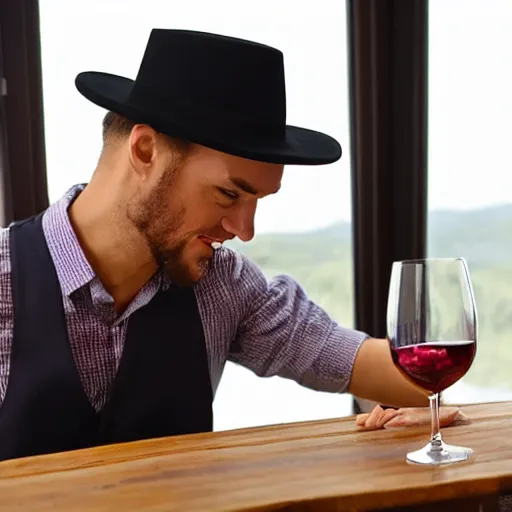 Prompt: a man placing a glass of wine on a table while taking off his hat with his other hand