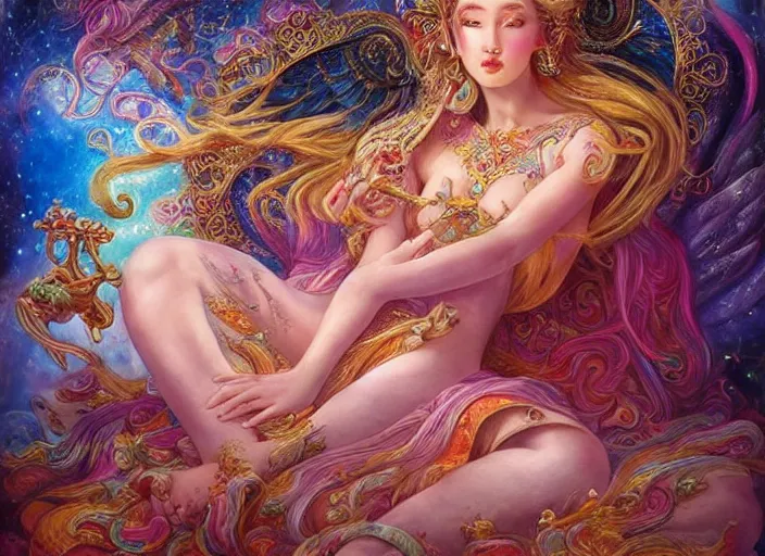 Image similar to a celestial goddess on her day off watching tiktoks in bed, magic realism, art by josephine wall, art by huang guangjian, art by viktoria gavrilenko, art by amanda sage, trending on artstation h 7 0 4