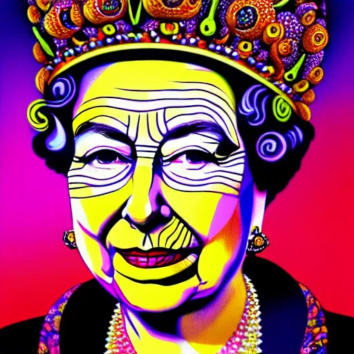 Image similar to An extremely psychedelic portrait of Queen Elizabeth, surreal, LSD, face, detailed, intricate, elegant, lithe, highly detailed, digital painting, artstation, concept art, smooth, sharp focus, illustration