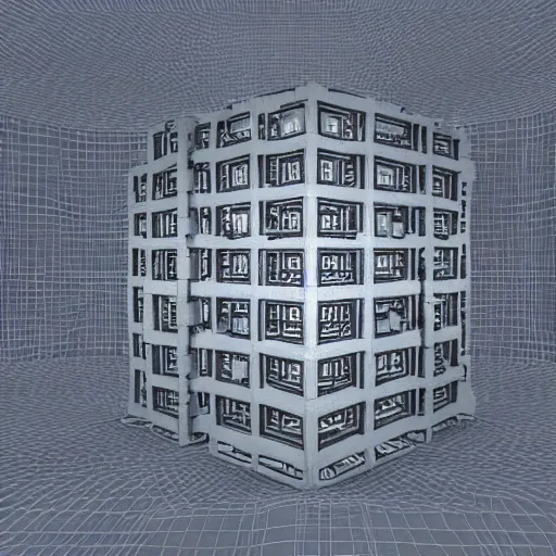 Image similar to 3 d rendering of menger sponge, the size of a building, dramatic lighting, with lights on in the windows