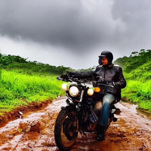 Image similar to potato riding a motorcycle through the jungle off - road low angle with rain and lightning