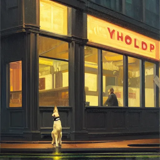 Prompt: a mini-yorkie dog at night in the world of Edward Hopper, stormy snowy weather, streetlights, extremely detailed masterpiece, oil on canvas, low-key neon lighting, artstation, Blade Runner 2049, Roger Deakin’s cinematography, by J. C. Leyendecker and Peter Paul Rubens,