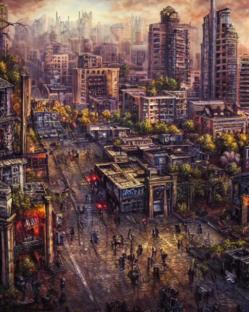 Prompt: oil painting landscape of a zombie apocalypse city, high production value, intricate details, high resolution, hdr, high definition, masterpiece, realistic, ultrarealistic, highly detailed, hd, sharp focus, non blurry, sharp, smooth