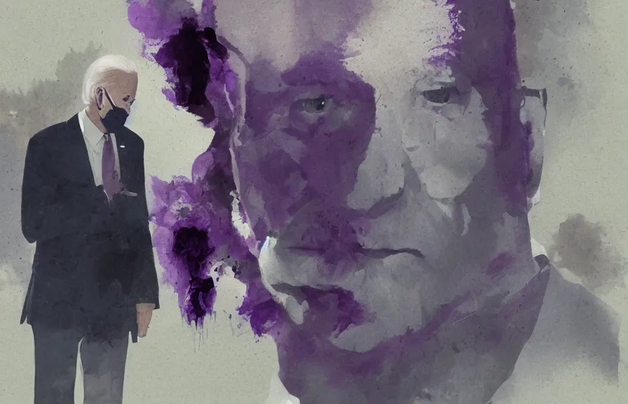 Image similar to Joe Biden casts a long shadow, by Greg Rutkowski and Dave McKean purple color palette