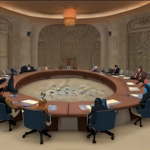 Image similar to A government meeting of secret globalist organizations discussing foreign affairs on gm_construct source engine graphics PC 4k.
