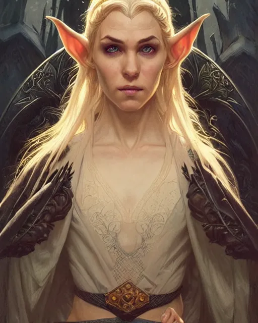 Image similar to portrait of an elven mage, dark, piercing eyes, gentle expression, elegant clothing, photorealistic, highly detailed, artstation, smooth, sharp focus, art by michael whelan, artgerm, greg rutkowski and alphonse mucha